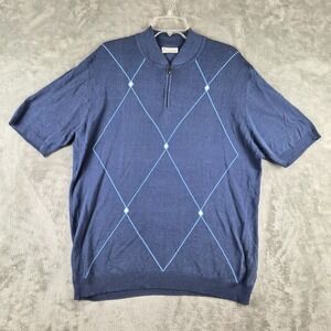 Ferrante Argyle Sweater Mens Large Blue Quarter Zip Short Sleeve Made In Italy